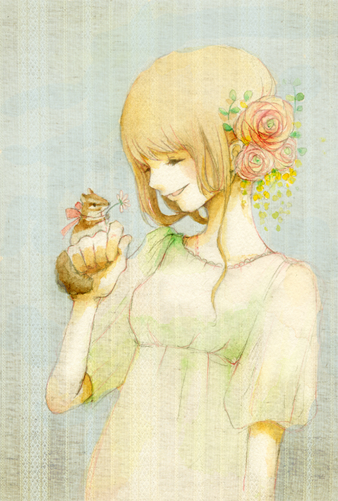 1girl animal animal_on_hand bare_arms bird blonde_hair closed_eyes commentary_request dress flower green_dress grey_background hair_flower hair_ornament hand_up kurita_eriko original painting_(medium) parted_lips pink_flower ranunculus rose smile solo squirrel traditional_media upper_body watercolor_(medium)