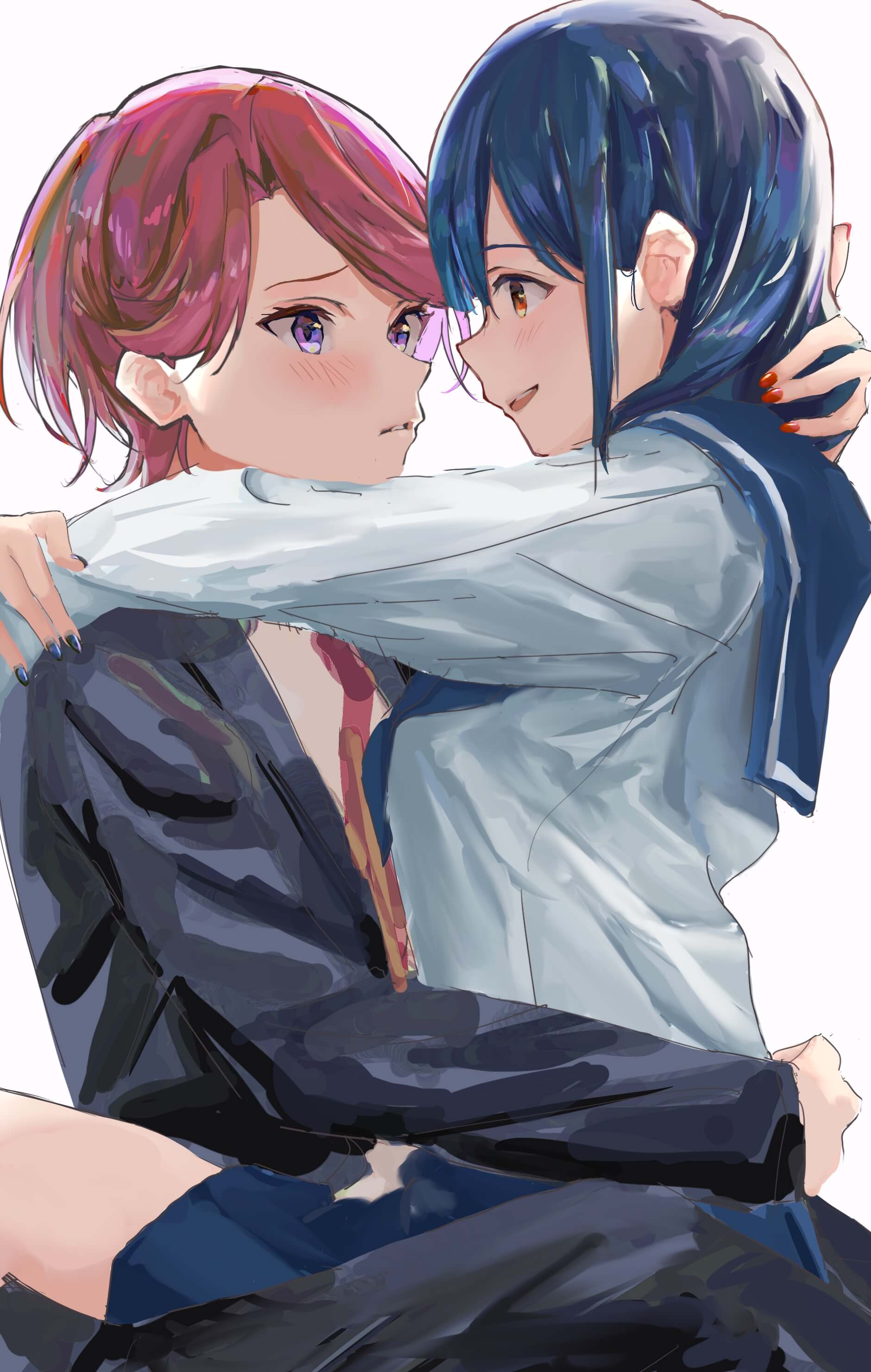 2girls absurdres arms_around_neck black_jacket black_pants black_suit blue_hair blue_nails blue_neckerchief blue_sailor_collar blue_skirt blush cowboy_shot eye_contact face-to-face fingernails from_side girl_on_top hair_between_eyes hanayagi_kaoruko hand_in_another's_hair hand_on_another's_back highres isurugi_futaba jacket long_sleeves looking_at_another medium_hair midori_usagi miniskirt multiple_girls nail_polish neckerchief necktie open_clothes open_jacket orange_eyes pant_suit pants parted_bangs parted_lips pink_hair profile raised_eyebrows red_nails red_necktie sailor_collar school_uniform serafuku shirt short_hair shoujo_kageki_revue_starlight sidelocks simple_background sitting sitting_on_lap sitting_on_person sketch skirt smile suit teeth upper_teeth_only violet_eyes white_background white_shirt yuri