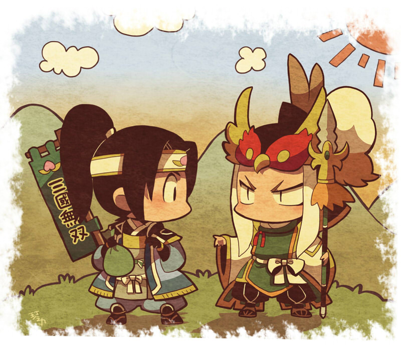 2boys bag black_hair black_pants black_socks blue_pants bow chibi chibi_only chinese_clothes clouds dusk full_body helmet holding holding_bag holding_banner holding_polearm holding_weapon kotorai looking_at_another ma_chao male_focus multiple_boys no_mouth no_nose outdoors pants polearm ponytail sandals shin_sangoku_musou socks sun translation_request weapon white_bow white_hair wide_sleeves zhao_yun zouri