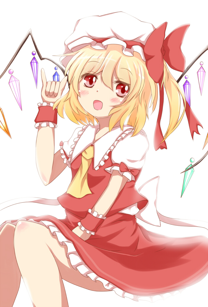 1girl back_bow backlighting blonde_hair blush bow breasts collared_shirt crystal feet_out_of_frame flandre_scarlet frilled_shirt_collar frilled_skirt frilled_sleeves frills hair_between_eyes hat hat_bow hat_ribbon head_tilt looking_at_viewer medium_hair mob_cap multicolored_wings one_side_up open_mouth puffy_short_sleeves puffy_sleeves red_bow red_eyes red_ribbon red_skirt red_vest ribbon ribbon-trimmed_headwear ribbon_trim shirt short_sleeves simple_background skirt skirt_set sleeve_ribbon small_breasts solo touhou vest white_background white_bow white_hat white_shirt wings wrist_cuffs yuri_(yuyuryu1)