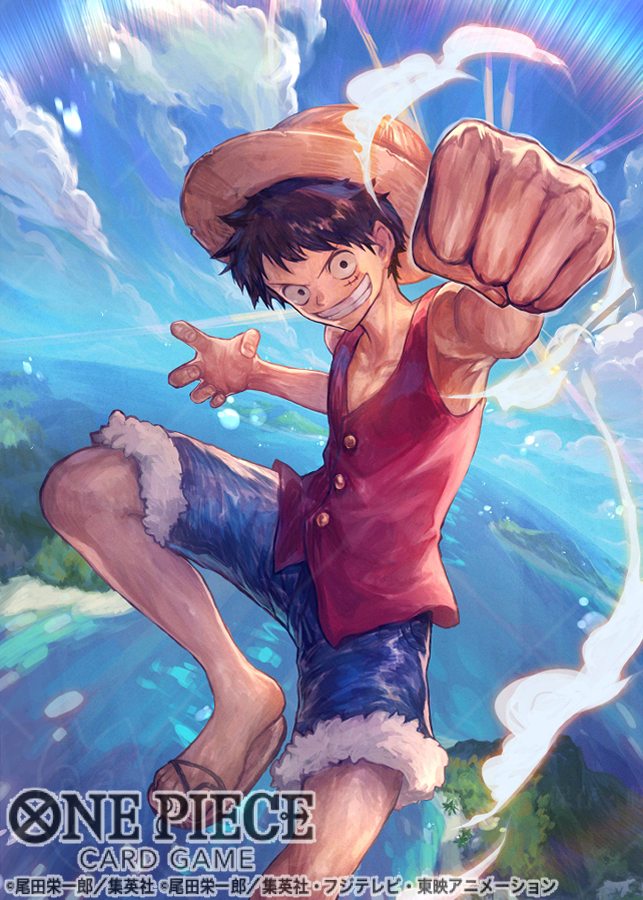 1boy black_eyes black_hair clenched_hand commentary_request english_text hat looking_at_viewer male_focus mixed-language_commentary monkey_d._luffy nijimaarc official_art one_piece outdoors red_shirt sandals scar scar_on_cheek scar_on_face shirt short_hair sleeveless smile solo straw_hat teeth translation_request
