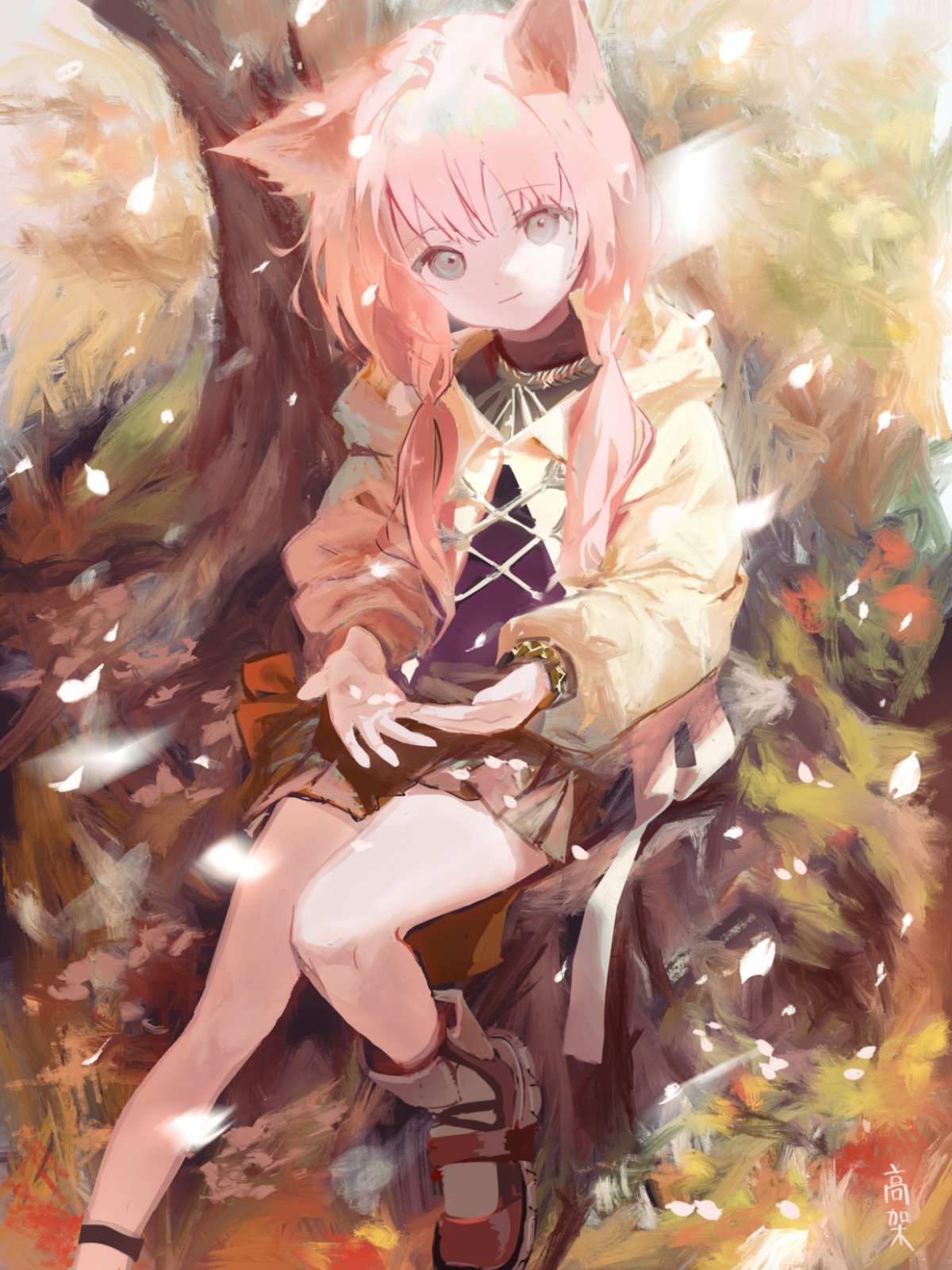 1girl against_tree animal_ears black_shirt black_skirt brown_jacket cat_ears closed_mouth commentary falling_petals foot_out_of_frame grey_eyes hair_over_shoulder highres hood hood_down hooded_jacket jacket kouka_(mrakano5456) long_hair long_sleeves looking_at_viewer low_twintails open_clothes original outdoors painterly petals pink_hair pleated_skirt puffy_long_sleeves puffy_sleeves shirt shoes signature sitting skirt smile solo symbol-only_commentary tree twintails