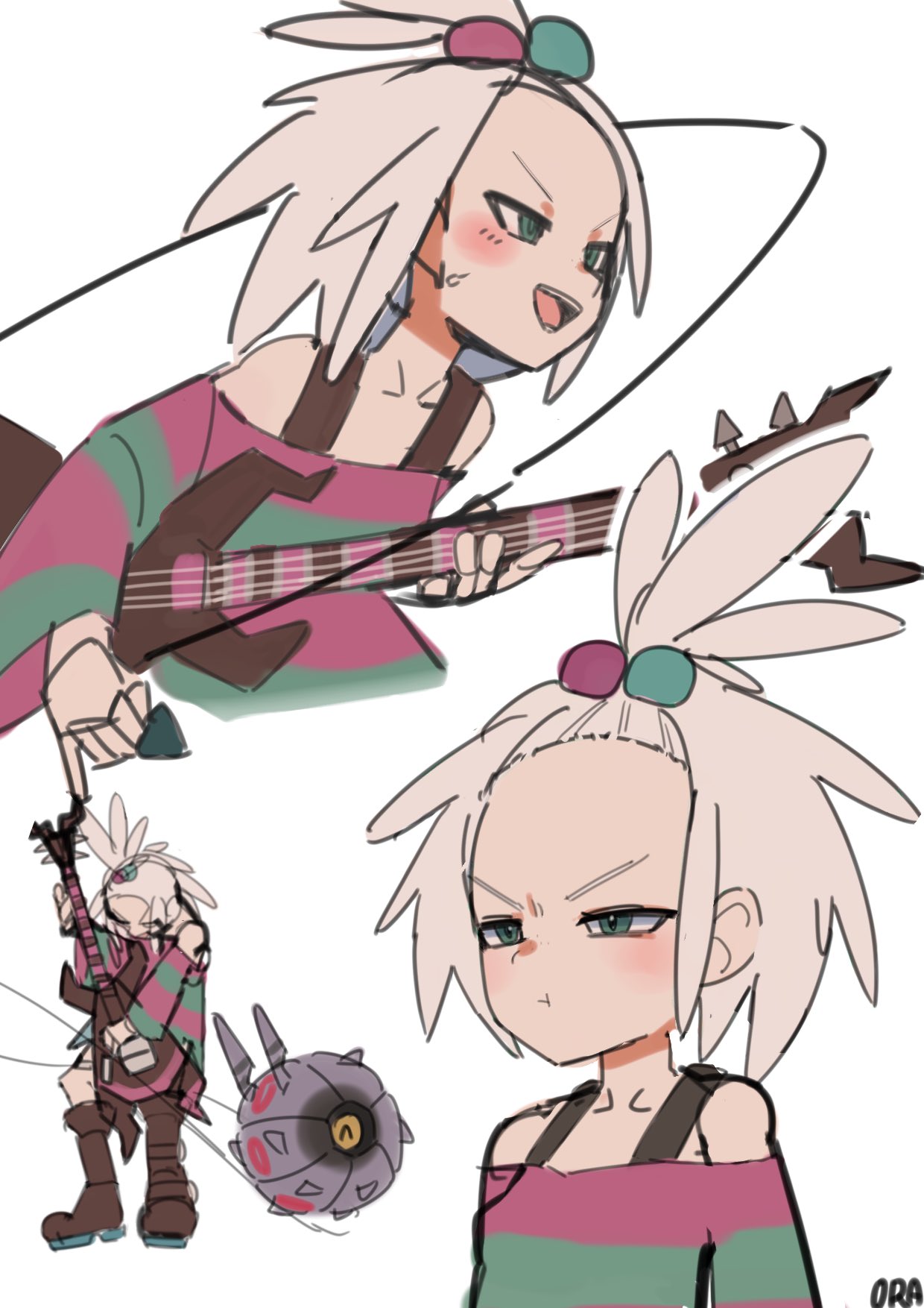 1girl :d :t bass_guitar boots cable closed_mouth commentary_request dress hair_bobbles hair_ornament half-closed_eyes highres holding holding_instrument holding_plectrum instrument multiple_views open_mouth ora_(oraora_oekaki) plectrum pokemon pokemon_(creature) pokemon_bw2 pout roxie_(pokemon) smile striped_clothes striped_dress tongue topknot torn_clothes torn_dress two-tone_dress whirlipede white_background white_hair