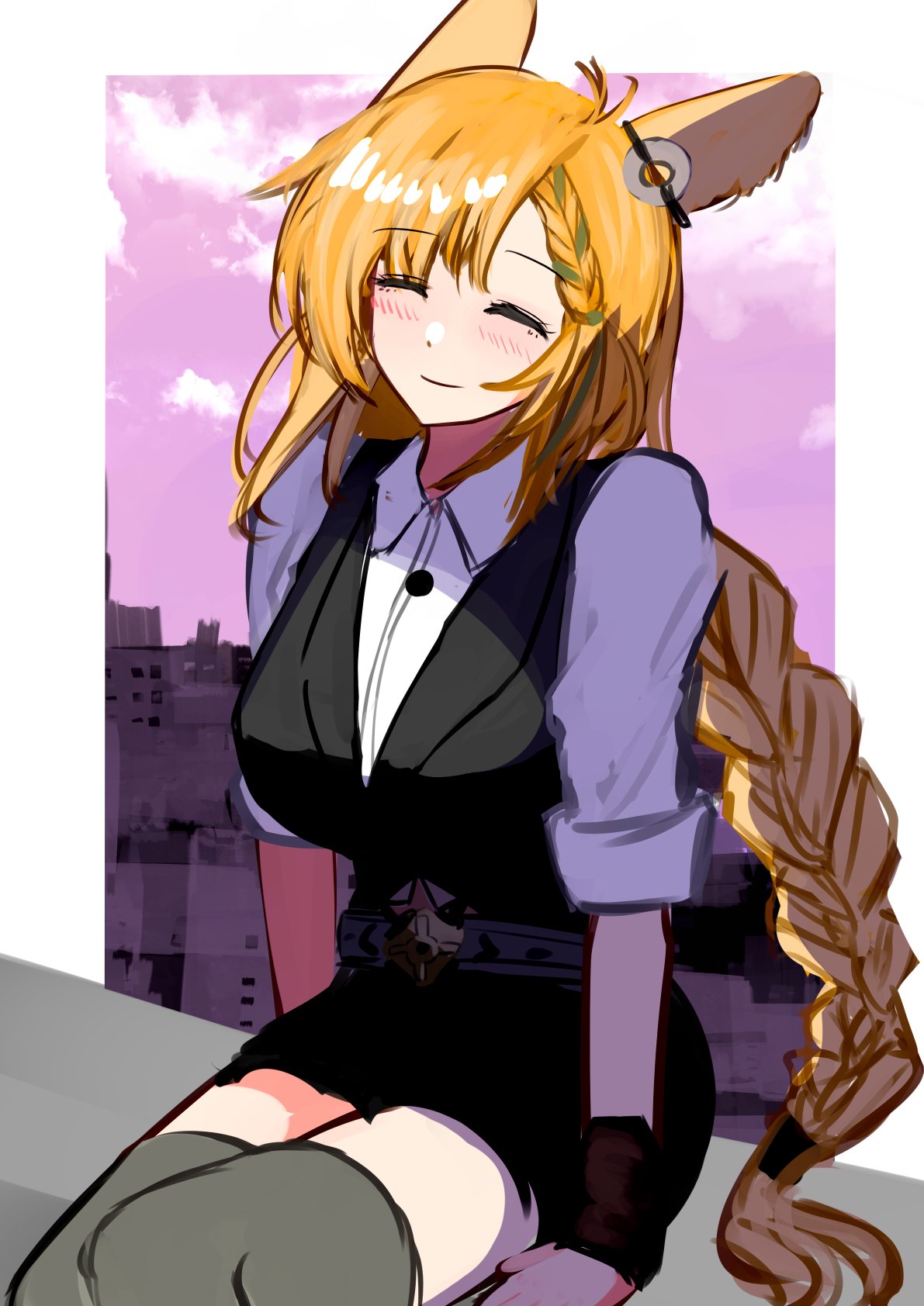 1girl animal_ears arknights black_skirt black_vest blonde_hair blush braid breasts closed_eyes closed_mouth clouds collared_shirt commentary_request dress_shirt facing_viewer feet_out_of_frame grey_thighhighs highres horse_ears kroos_(arknights) kroos_the_keen_glint_(arknights) long_hair medium_breasts nikaidou_tetsuo pink_sky shirt short_sleeves sitting skirt sky smile solo thigh-highs very_long_hair vest white_shirt