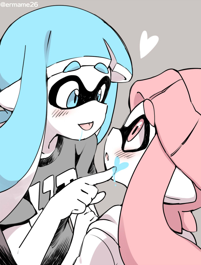 2girls beanie blue_eyes blue_hair blush drawing_on_another's_face eromame hat hood hoodie ink inkling inkling_girl inkling_player_character multiple_girls pink_eyes pink_hair saliva shirt smile splatoon_(series) t-shirt tentacle_hair thick_eyebrows tongue tongue_out yuri