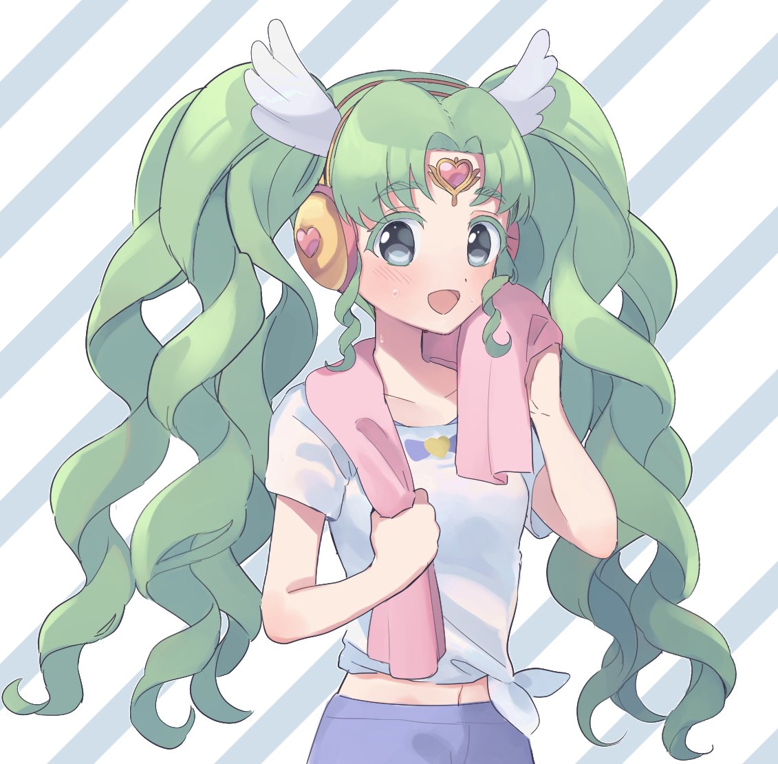 1girl :d bad_id bad_twitter_id colored_eyelashes commentary_request falulu falulu_(awakened) forehead_jewel green_hair grey_eyes headphones holding holding_towel inactive_account long_hair looking_at_viewer midriff open_mouth parted_bangs pretty_series pripara shirt shiyurinpu short_sleeves side-tie_shirt sidelocks smile solo standing sweat towel towel_around_neck twintails white_shirt wing_hair_ornament wiping_sweat