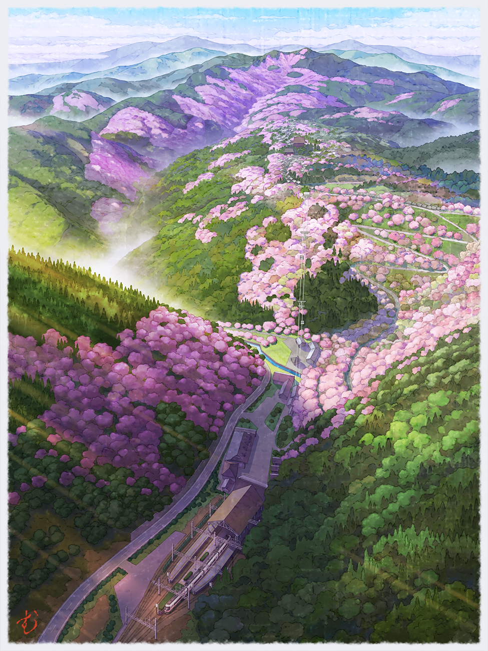 blue_sky border building cherry_blossoms clouds commentary_request day highres mountain mugumo_24k nara_(city) no_humans original outdoors power_lines railroad_tracks road scenery signature sky spring_(season) train train_station train_station_platform white_border