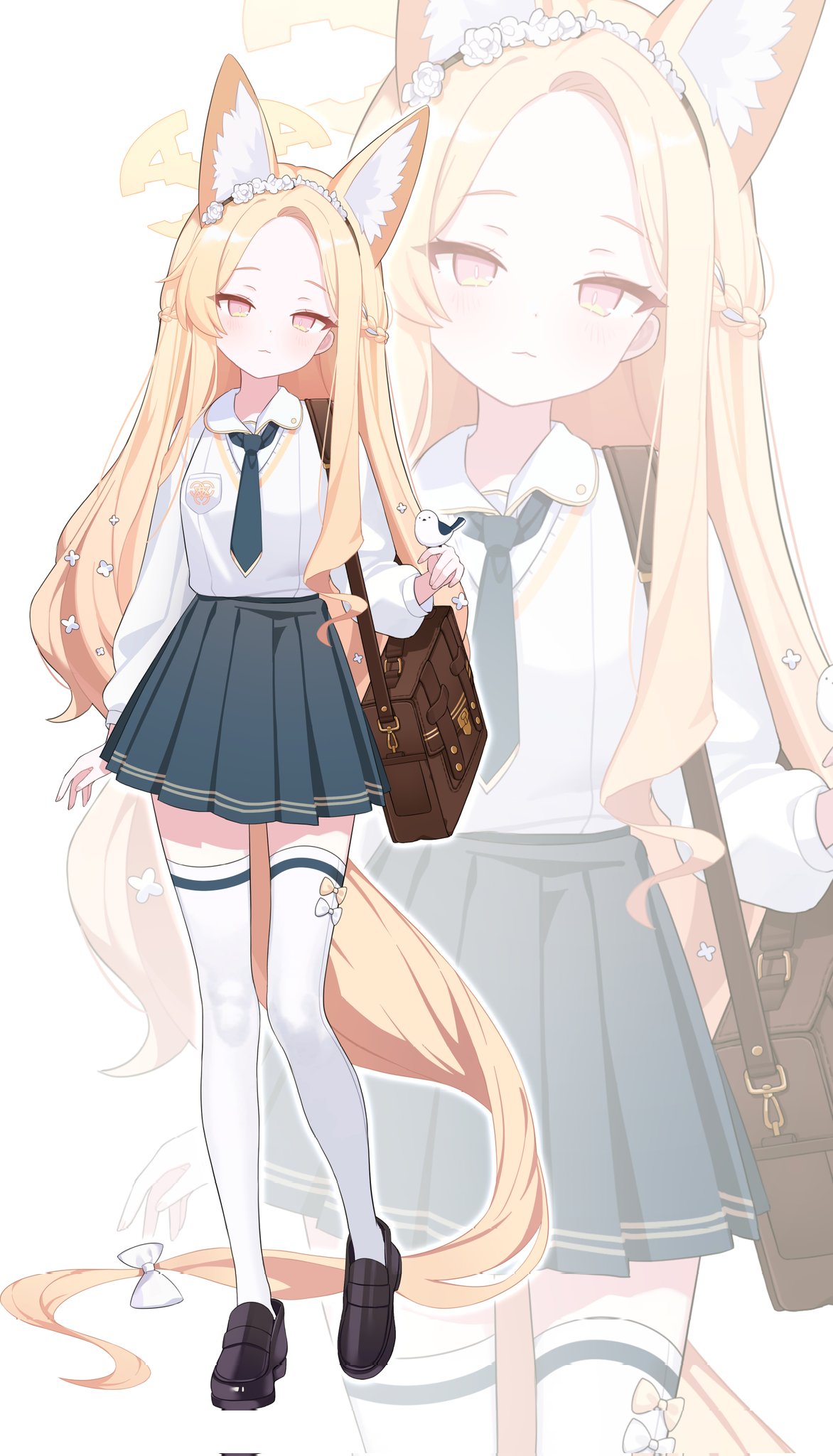 1girl alternate_costume animal_ears bag bird bird_on_hand black_footwear blonde_hair blue_archive bow bow_legwear brown_bag closed_mouth commentary fake_animal_ears flower fox_ears full_body hair_bow hair_flower hair_ornament halo highres kithera loafers long_hair long_sleeves looking_at_viewer necktie pink_eyes school_bag school_uniform seia_(blue_archive) shirt shoes shoulder_bag sidelocks skirt solo standing thigh-highs very_long_hair white_bow white_shirt white_thighhighs zettai_ryouiki zoom_layer