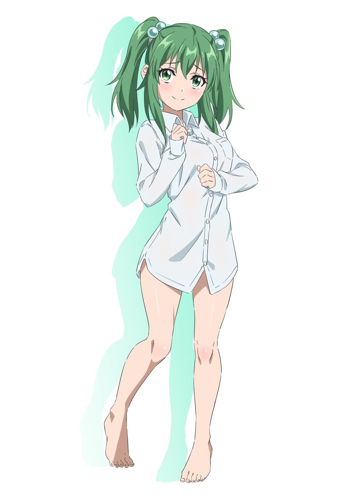 1girl barefoot blush breasts buttons closed_mouth collared_shirt full_body green_eyes green_hair gyouza_(mhea5724) hair_between_eyes hair_bobbles hair_ornament highres kisume long_hair long_sleeves looking_at_viewer medium_breasts shirt simple_background smile solo toes touhou two_side_up white_background white_shirt