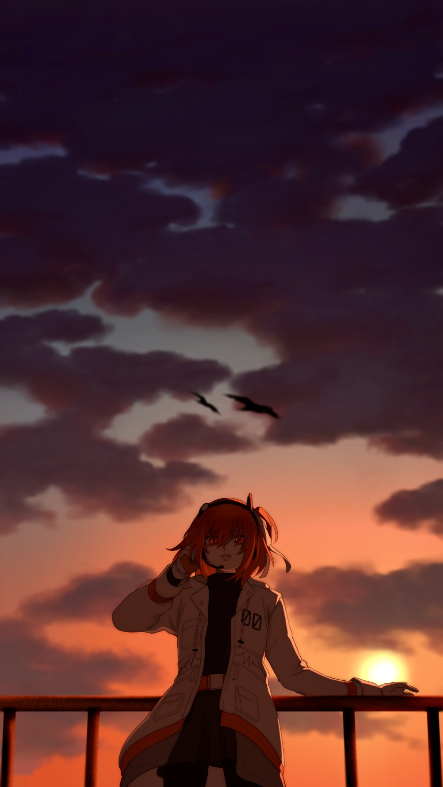 1girl a.i._voice adachi_rei against_railing backlighting belt bird black_shirt black_skirt clouds cloudy_sky commentary_request cowboy_shot frown gloves hair_ribbon headset highres holding jacket long_sleeves looking_at_viewer netsu_ijou_(utau) one_side_up open_clothes open_jacket orange_belt orange_eyes orange_hair parted_lips radio_antenna railing ribbon sei_(samel_vm) shirt skirt sky solo standing sunset utau white_gloves white_jacket wide_shot