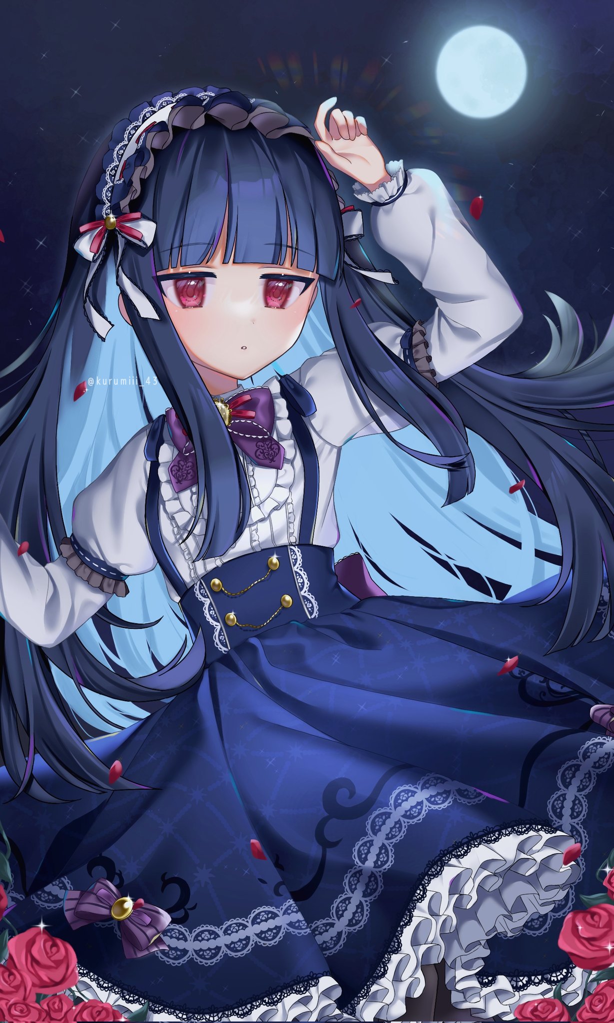 1girl arm_up blue_hair blue_headband blue_skirt blunt_bangs blush bow bowtie dot_nose falling_petals flat_chest floating_hair flower frilled_skirt frills full_moon hair_bow hair_ribbon headband highres idolmaster idolmaster_cinderella_girls idolmaster_cinderella_girls_starlight_stage kurumiii_43 long_hair long_sleeves looking_at_viewer moon night outdoors parted_lips petals purple_bow purple_bowtie rainbow_gradient red_eyes red_flower red_ribbon red_rose ribbon rose sajo_yukimi shirt skirt solo sparkle star_(sky) suspender_skirt suspenders twitter_username white_ribbon white_shirt