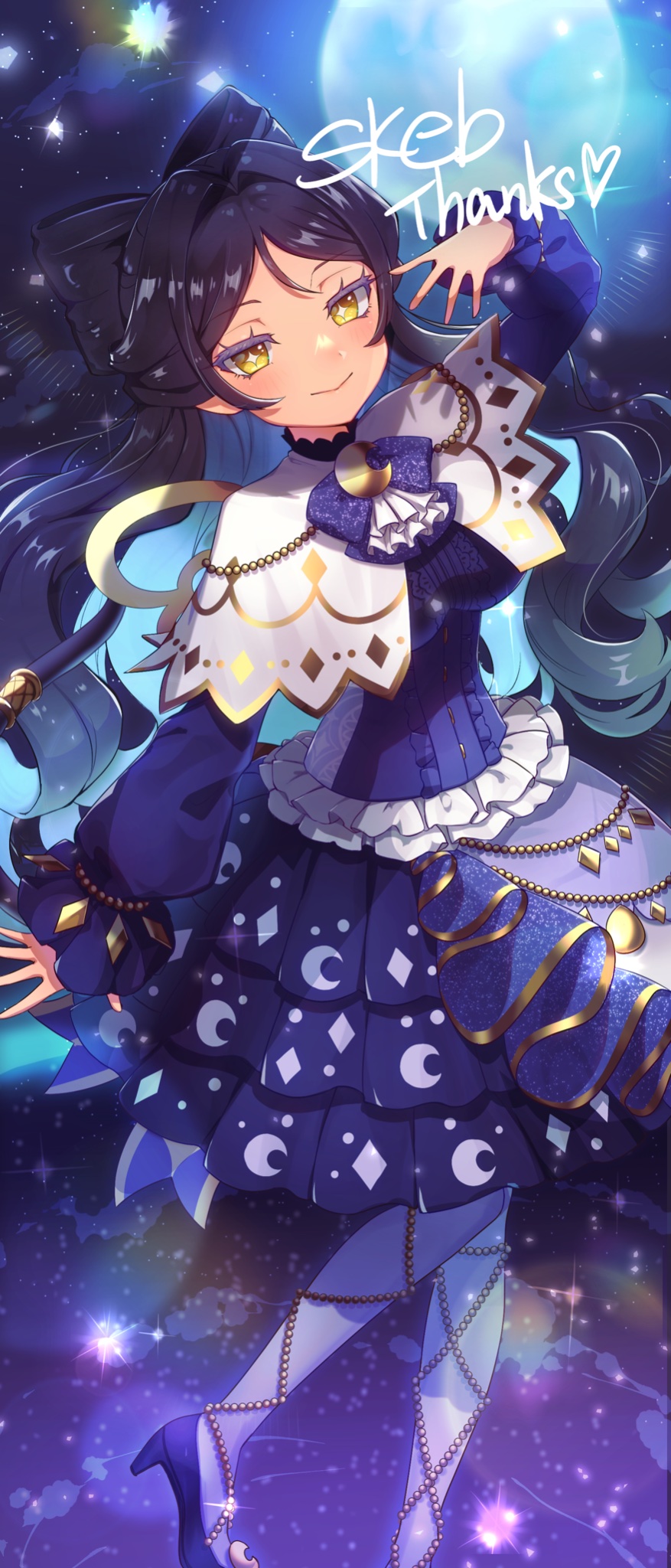 +_+ 1girl black_hair blue_footwear blue_skirt breasts capelet closed_mouth commission crescent_print frilled_skirt frills full_moon gold_trim hair_intakes high_heels highres kiratto_pri_chan large_breasts long_hair long_sleeves looking_at_viewer luluna_(pri_chan) moon moukinui pantyhose pretty_series puffy_long_sleeves puffy_sleeves purple_shirt shirt skeb_commission skirt smile solo sparkle standing star_(sky) very_long_hair white_capelet white_pantyhose yellow_eyes