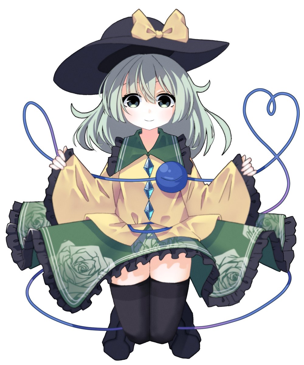 1girl black_footwear black_hat black_thighhighs boots bright_pupils buttons closed_mouth collared_shirt commentary diamond_button eyeball floral_print frilled_shirt_collar frilled_skirt frilled_sleeves frills full_body green_eyes green_skirt grey_hair hat heart heart_of_string highres komeiji_koishi long_sleeves looking_at_viewer medium_hair rose_print shirt shishidonagi simple_background skirt smile solo straight-on thigh-highs third_eye touhou white_background wide_sleeves yellow_shirt