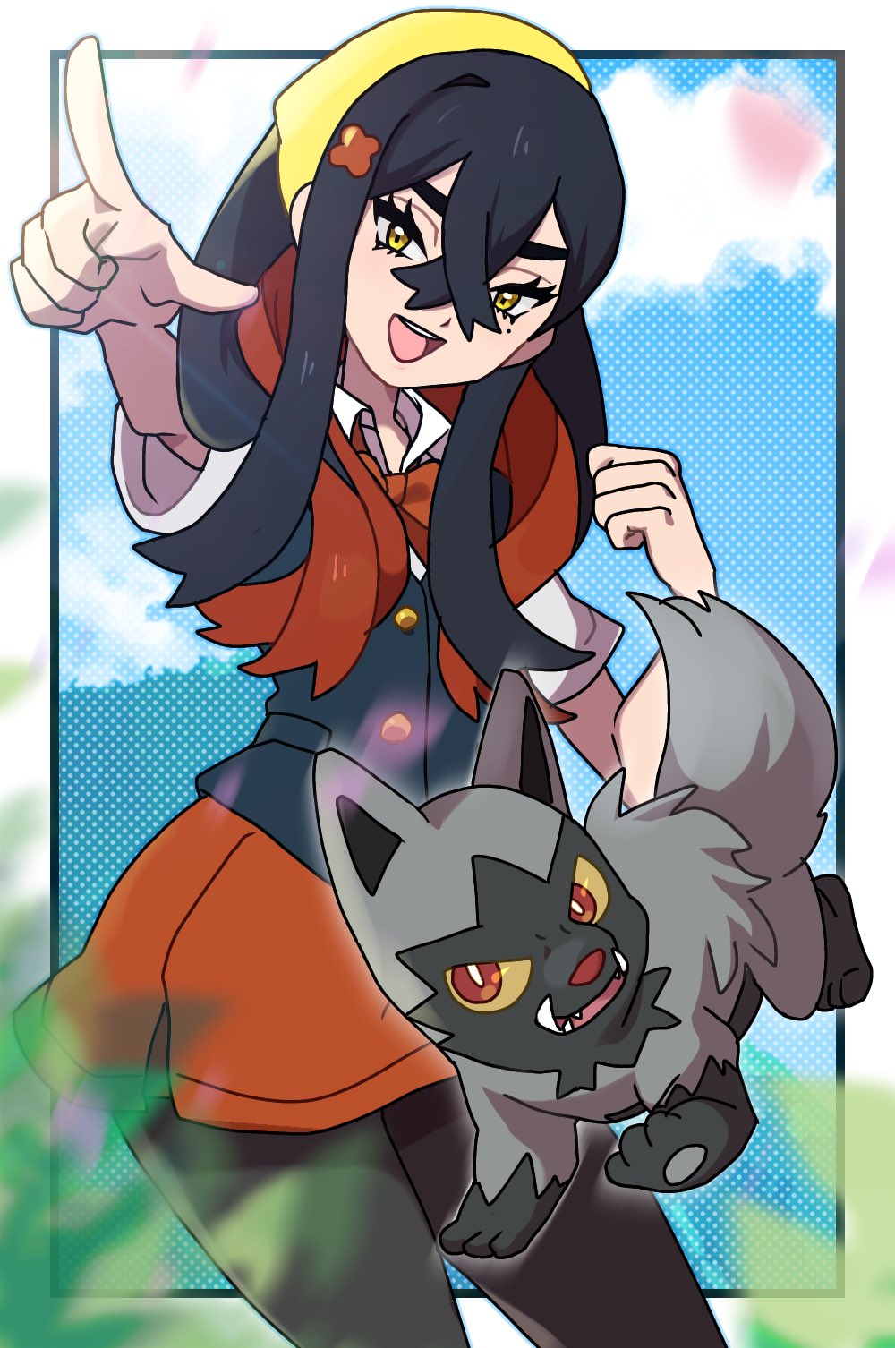 1girl :d alternate_costume black_hair black_pantyhose black_vest buttons carmine_(pokemon) clouds commentary_request crossed_bangs day eyelashes fu_(tk1189227dhy) hair_between_eyes hair_ornament hairband highres long_hair open_mouth outdoors pantyhose pointing pokemon pokemon_(creature) pokemon_sv poochyena shirt short_sleeves sidelocks skirt sky smile teeth tongue upper_teeth_only vest white_shirt yellow_eyes yellow_hairband