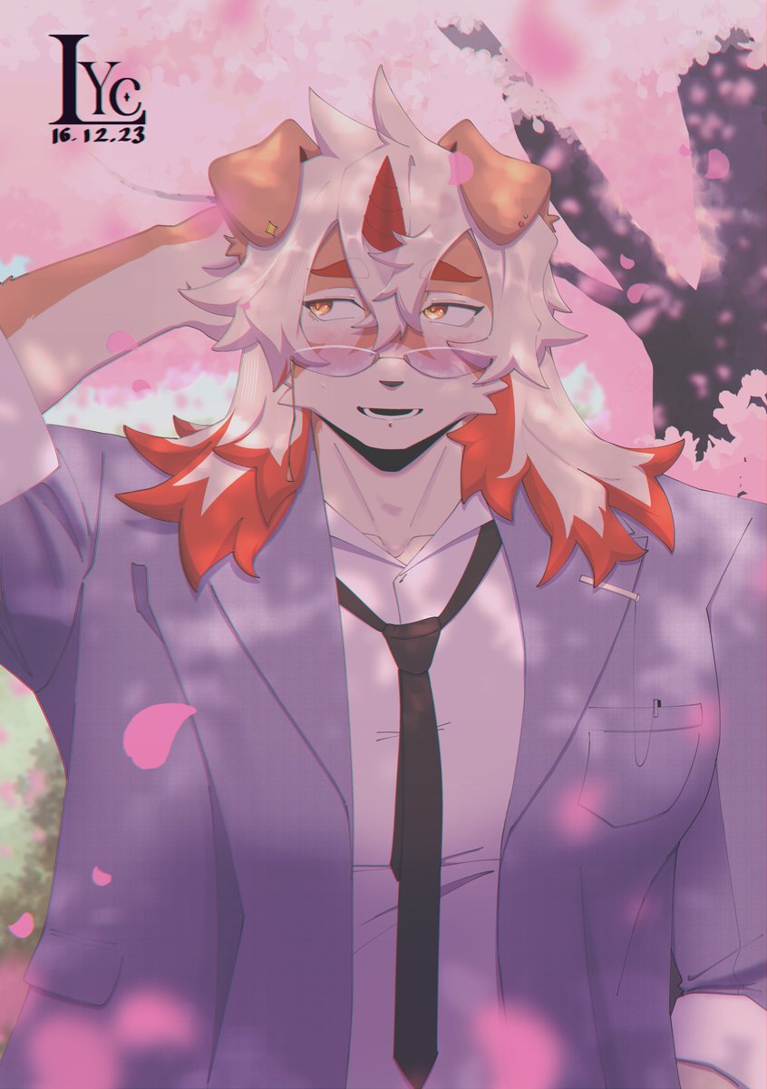 1boy arknights arm_behind_head artist_name black_necktie blush cherry_blossoms colored_tips dated ear_piercing embarrassed furry furry_male glasses grey_suit highres horns hung_(arknights) komainu_boy komainu_ears komainu_tail looking_to_the_side male_focus multicolored_hair necktie piercing school_uniform single_horn sleeves_rolled_up suit the_lycander upper_body