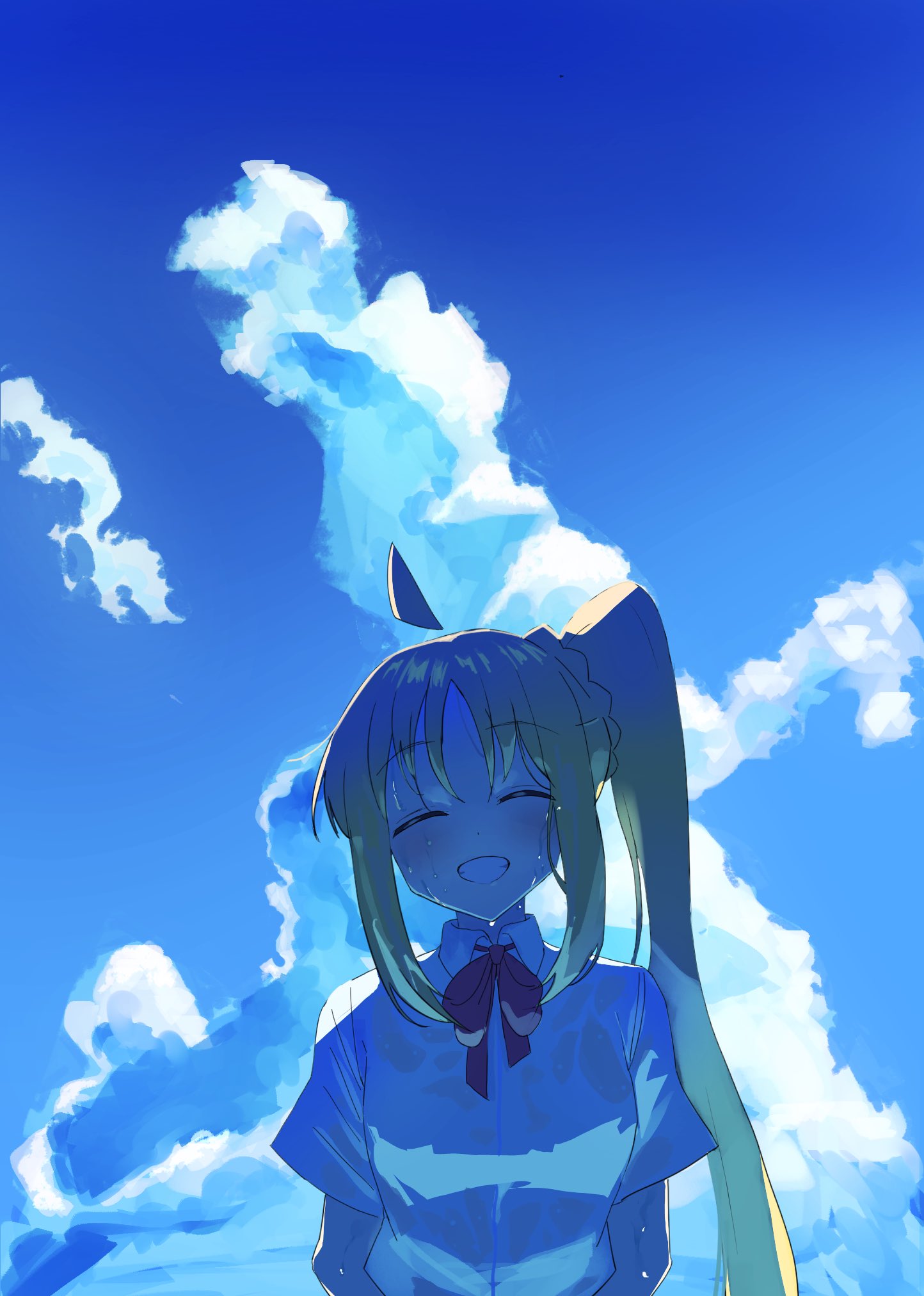 1girl ahoge blue_sky blush bocchi_the_rock! braid clouds commentary detached_ahoge grin hashtag_only_commentary highres ijichi_nijika long_hair one_eye_closed school_uniform side_ponytail sidelocks sky smile solo takopi15 upper_body wet wet_clothes