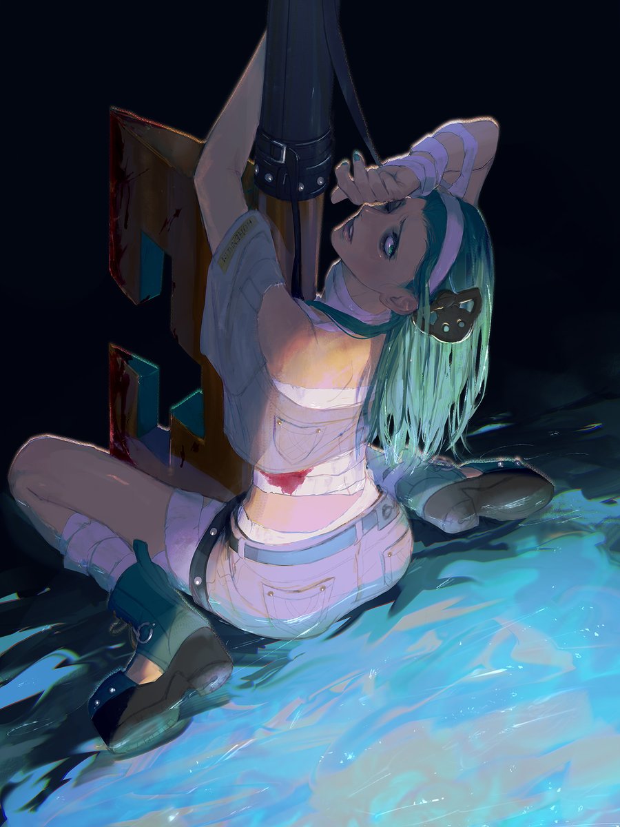 1girl a.b.a ass bags_under_eyes bandaged_chest bandages blood blood_on_bandages chain green_hair guilty_gear guilty_gear_strive highres key key_in_head long_hair looking_at_viewer object_through_head paracelsus_(guilty_gear) solo water yszlr