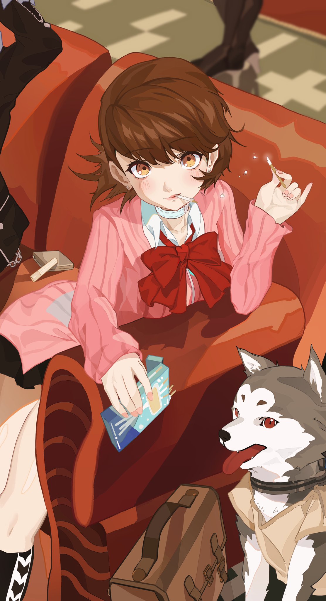 1girl 2others bow bowtie brown_bag brown_eyes brown_hair couch dog eyelashes food food_in_mouth gbbgb321 grey_fur highres indoors koromaru_(persona) looking_at_viewer medium_hair multiple_others on_couch persona persona_3 pocky pocky_in_mouth red_bow red_bowtie red_eyes sitting takeba_yukari tongue tongue_out two-tone_fur white_fur