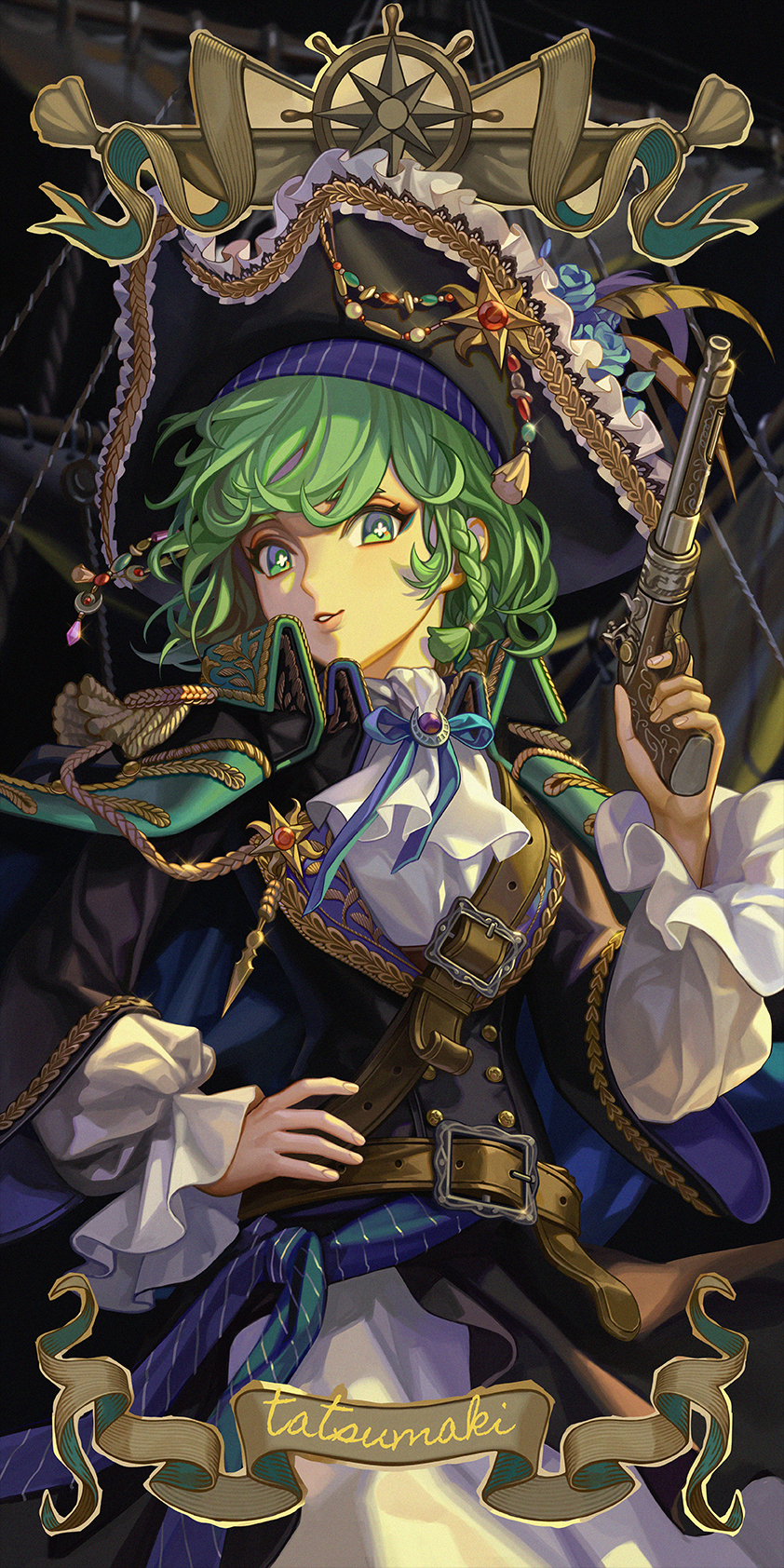 1girl aiguillette antique_firearm ascot belt belt_buckle bicorne black_coat black_hat blue_ribbon boat braid brooch brown_belt buckle character_name clover coat cowboy_shot dress epaulettes firelock flintlock four-leaf_clover green_eyes green_hair gun hand_on_own_hip hand_up hat hat_ornament highres holding holding_gun holding_weapon jewelry leather_belt long_sleeves looking_at_viewer ly_hao_nguyen multiple_belts neck_ribbon one-punch_man parted_lips ribbon sail short_hair side_braid solo symbol-shaped_pupils tatsumaki watercraft weapon white_ascot white_dress wide_sleeves