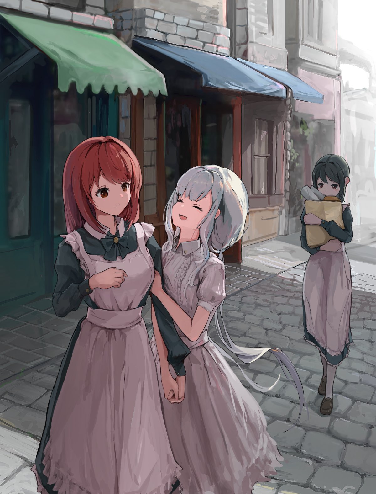 3girls 4xp3u apron arm_hug awning bag bow bowtie brick_road building closed_eyes collared_dress dress green_bow green_bowtie green_dress green_hair highres holding holding_bag holding_hands loafers long_hair long_sleeves low_twintails maid maid_apron multiple_girls open_mouth original paper_bag puffy_short_sleeves puffy_sleeves redhead road shoes short_sleeves smile storefront twintails walking white_apron white_dress