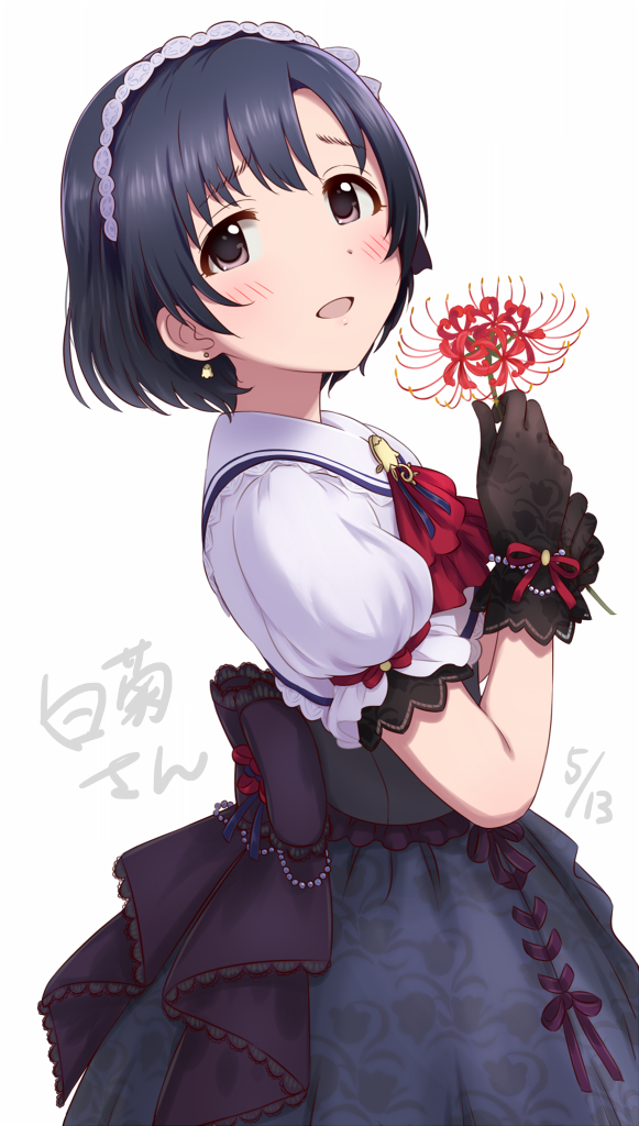 1girl ascot black_gloves black_hair black_skirt blush bow breasts brown_eyes character_name dani-ikapi dot_nose earrings flower from_side gloves headband holding holding_flower idolmaster idolmaster_cinderella_girls idolmaster_cinderella_girls_starlight_stage jewelry looking_at_viewer open_mouth purple_bow red_ascot shiragiku_hotaru shirt short_hair short_sleeves simple_background skirt small_breasts smile solo spider_lily waist_bow white_background white_headband white_shirt