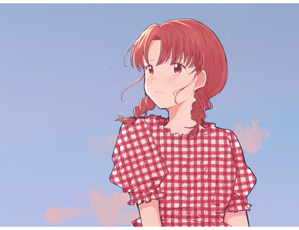 1girl arms_at_sides blush braid egashira_mika letterboxed looking_to_the_side medium_hair pechevail plaid puffy_short_sleeves puffy_sleeves red_eyes redhead short_sleeves skip_to_loafer sky solo twin_braids twintails unmoving_pattern upper_body