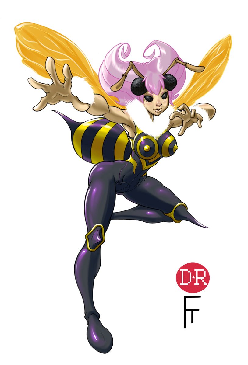 1girl antennae arthropod_girl artist_request bee_girl breasts compound_eyes covered_nipples hands_up highres insect_wings large_breasts looking_at_viewer non-web_source outstretched_arm outstretched_leg purple_hair q-bee short_hair simple_background solo standing standing_on_one_leg two-tone_bodysuit vampire_(game) wings