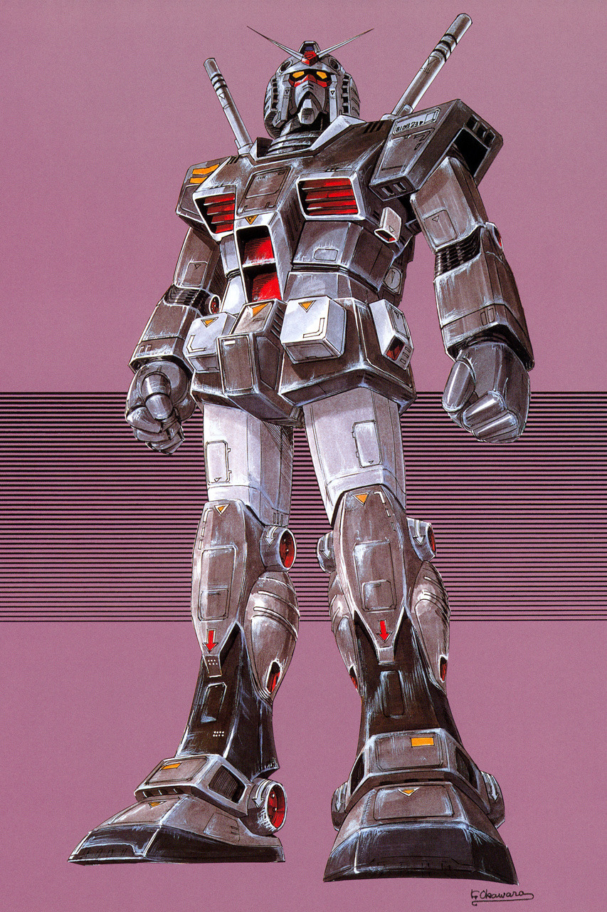 1970s_(style) clenched_hands earth_federation emblem gundam highres looking_at_viewer machinery magazine_scan mecha mobile_suit mobile_suit_gundam no_humans official_art ookawara_kunio painting_(medium) production_art prototype_gundam retro_artstyle robot roundel scan signature traditional_media v-fin yellow_eyes