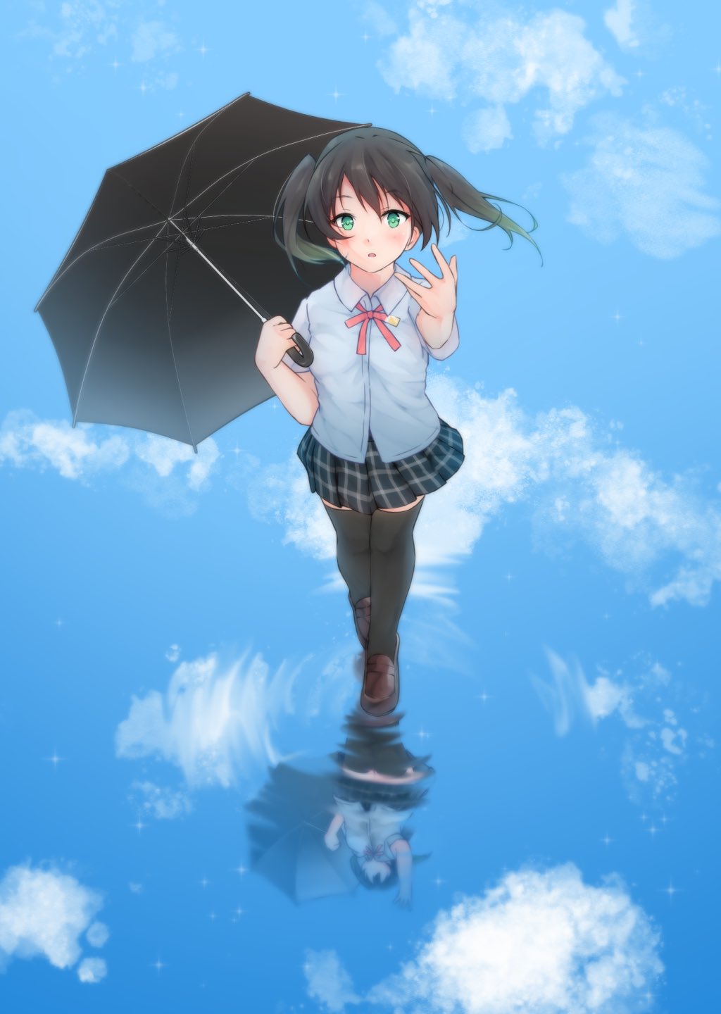 1girl arm_up azukilib black_hair black_thighhighs blue_skirt blue_theme blush breasts brown_footwear character_request collared_shirt commentary_request copyright_request full_body gradient_hair green_eyes green_hair hand_up highres holding holding_umbrella looking_at_viewer miniskirt multicolored_hair neck_ribbon open_mouth outstretched_arm plaid plaid_skirt pleated_skirt reaching reaching_towards_viewer red_ribbon reflection reflective_water ribbon ripples school_uniform shirt shoes short_hair short_sleeves sidelocks skirt small_breasts solo standing standing_on_liquid straight-on thigh-highs twintails two-tone_hair umbrella white_shirt