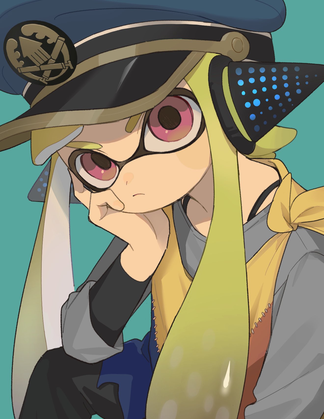 1girl agent_3_(splatoon) black_pants blue_background blue_hat blush_stickers bra_strap cloak closed_mouth commentary_request frown green_hair grey_shirt hand_on_own_cheek hand_on_own_face hat head_rest headphones highres inkling kyaiware layered_shirt long_hair long_sleeves military_hat multicolored_clothes pants peaked_cap red_eyes shirt simple_background solo splatoon_(series) splatoon_3 tentacle_hair thick_eyebrows torn_cloak torn_clothes twintails upper_body v-shaped_eyebrows