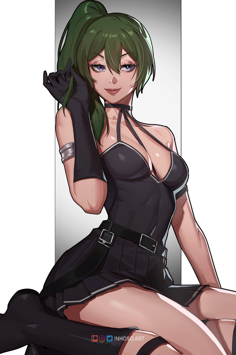 1girl armlet artist_name bare_shoulders belt black_choker black_dress black_footwear black_gloves boots breasts choker closed_mouth collarbone covered_navel double-parted_bangs dress eyelashes gloves green_hair hair_between_eyes half-closed_eyes halter_dress halterneck hand_in_own_hair highres inhoso kneeling legs looking_at_viewer low_neckline medium_breasts out_of_frame pleated_dress side_ponytail simple_background single_glove smile solo sousou_no_frieren thighs tight_clothes tight_dress ubel_(sousou_no_frieren) violet_eyes