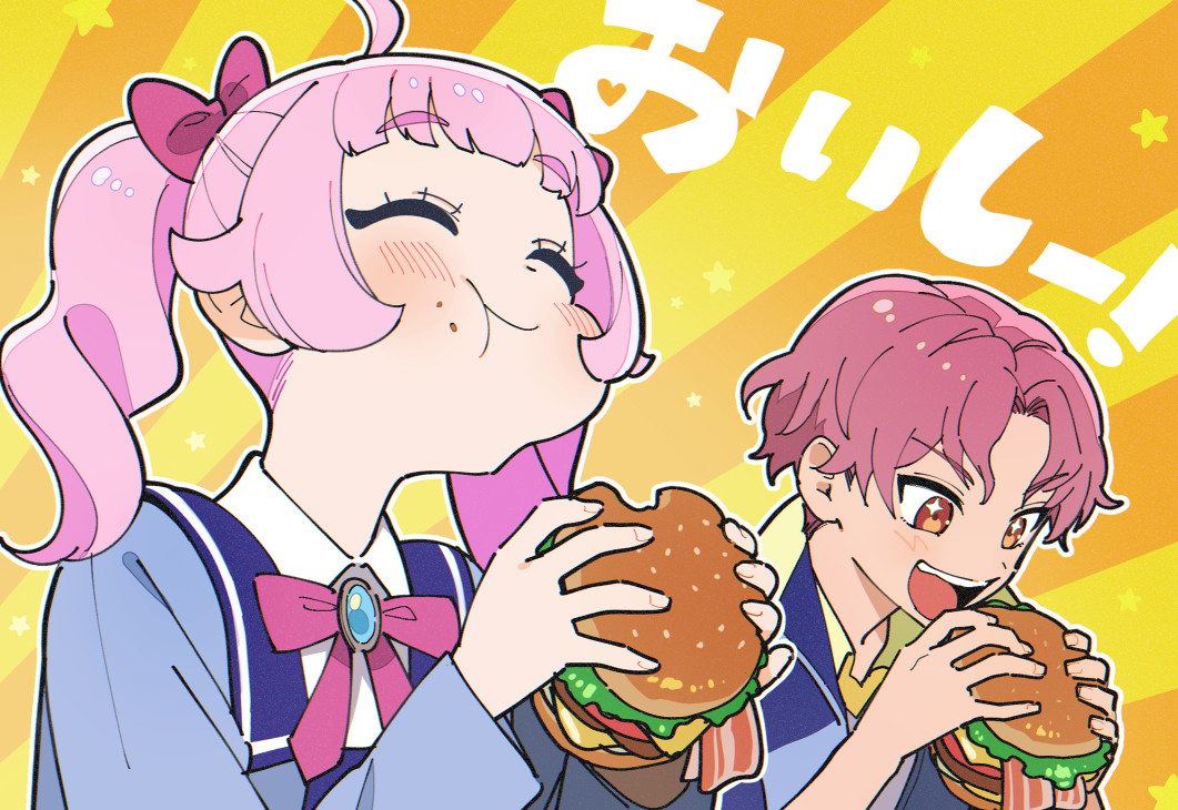 1boy 1girl ahoge aozora_himari aozora_hinata blue_jacket blunt_bangs bow brother_and_sister burger closed_eyes closed_mouth collared_shirt commentary_request eating food food_on_face hair_bow himitsu_no_aipri holding holding_food jacket long_sleeves neck_ribbon open_mouth oshiri_(o4ritarou) outline paradise_private_academy_school_uniform parted_bangs pink_bow pink_hair pink_ribbon pretty_series redhead ribbon school_uniform shirt short_hair siblings smile translation_request twintails upper_body white_outline white_shirt yellow_background