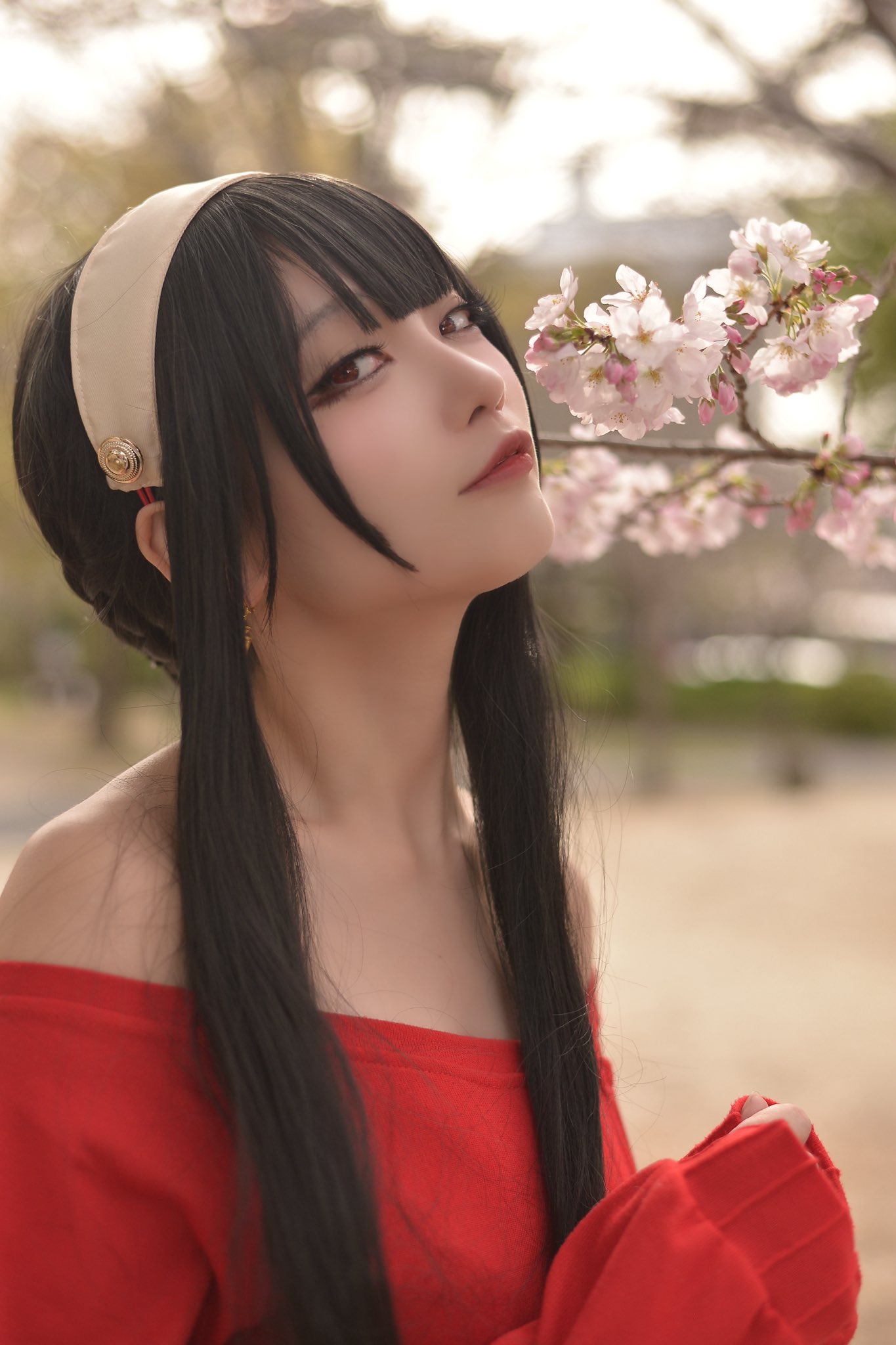 1girl azumilk black_hair blurry blurry_background brown_hairband cherry_blossoms cosplay_photo flower from_side hair_behind_ear hairband highres looking_at_viewer off-shoulder_sweater off_shoulder parted_lips photo_(medium) pink_flower red_sweater short_hair_with_long_locks smile solo spy_x_family sweater yor_briar