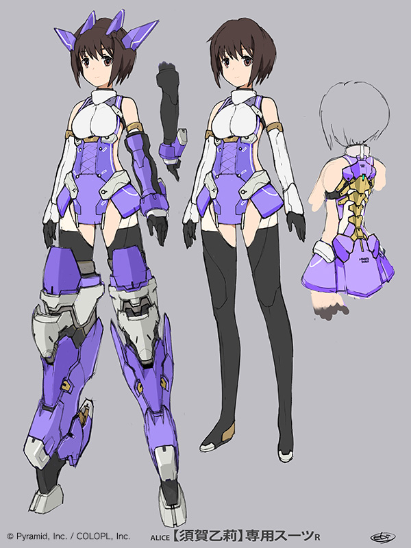 1girl alice_gear_aegis bare_shoulders black_footwear black_thighhighs boots breasts brown_eyes brown_hair clothes_on/clothes_off ebikawa_kanetake elbow_gloves full_body gloves grey_background headgear mecha_musume mechanical_legs pelvic_curtain reference_sheet short_hair simple_background skirt solo standing suga_itsuri thigh-highs thigh_boots variations zettai_ryouiki