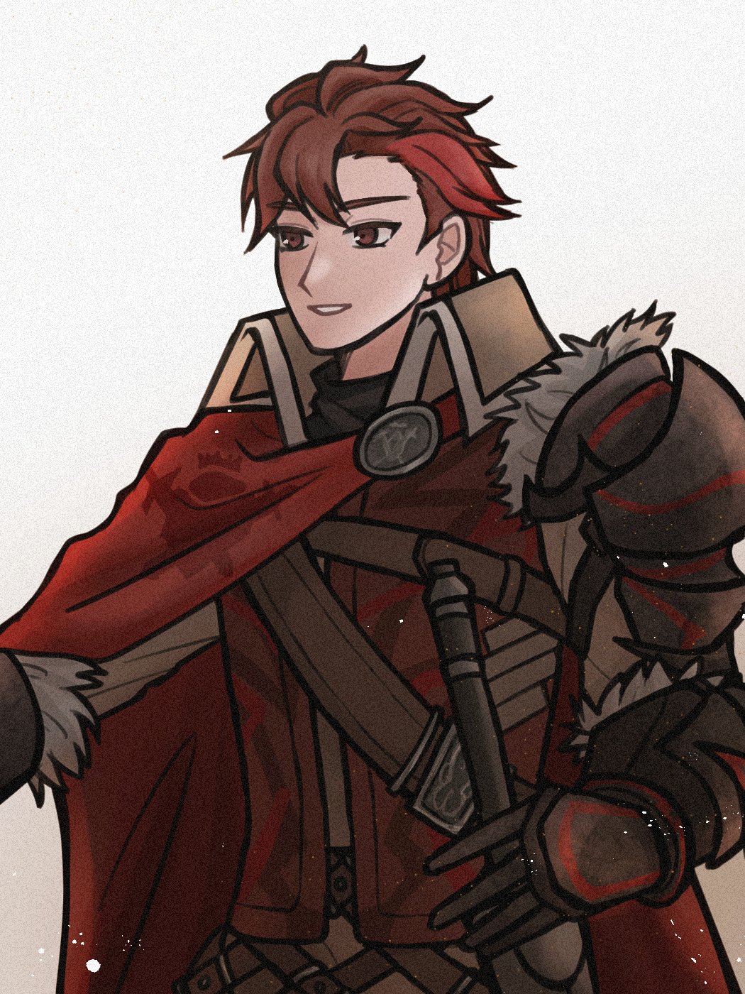1boy armor black_armor cape collared_cloak diamant_(fire_emblem) fire_emblem fire_emblem_engage high_collar highres lirara_0 looking_to_the_side male_focus red_cape red_eyes redhead shoulder_armor upper_body