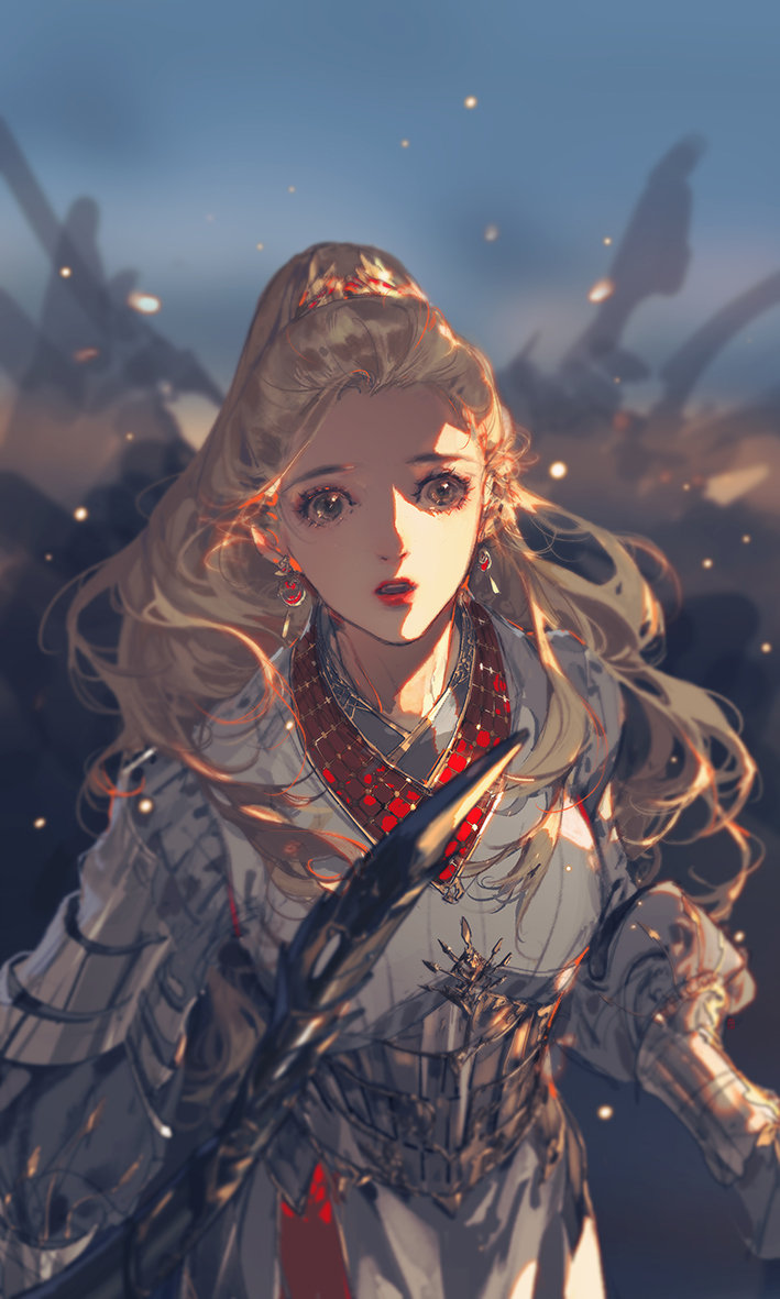 1girl armor army blonde_hair blue_sky blurry blurry_background brown_eyes clouds cowboy_shot dress earrings embers eyelashes hair_ornament high_ponytail ibuki_satsuki jewelry lipstick long_hair long_sleeves looking_at_viewer makeup necklace original outdoors parted_lips red_lips side_slit sky solo teeth upper_teeth_only white_dress white_sleeves