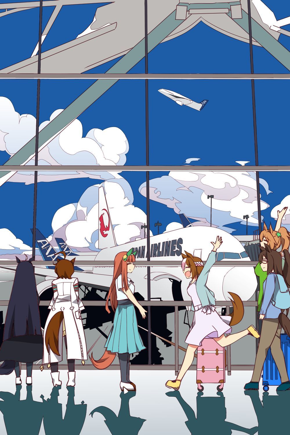 6+girls agnes_tachyon_(umamusume) ahoge aircraft airplane airport animal_ears arms_up backpack bag black_coat blue_skirt blue_sky braid breasts brown_hair brown_pants closed_eyes clouds cloudy_sky coat commentary_request ear_covers ear_ornament earrings el_condor_pasa_(umamusume) french_braid full_body hair_between_eyes highres horse_ears horse_girl horse_tail indoors jewelry lab_coat long_hair manhattan_cafe_(umamusume) medium_breasts multicolored_hair multiple_girls open_mouth pants ponytail rolling_suitcase silence_suzuka_(umamusume) single_earring skirt sky smile special_week_(umamusume) standing streaked_hair suitcase taiki_shuttle_(umamusume) tail tail_through_clothes umamusume wahiko_(black_bastard) white_footwear white_hair yellow_footwear