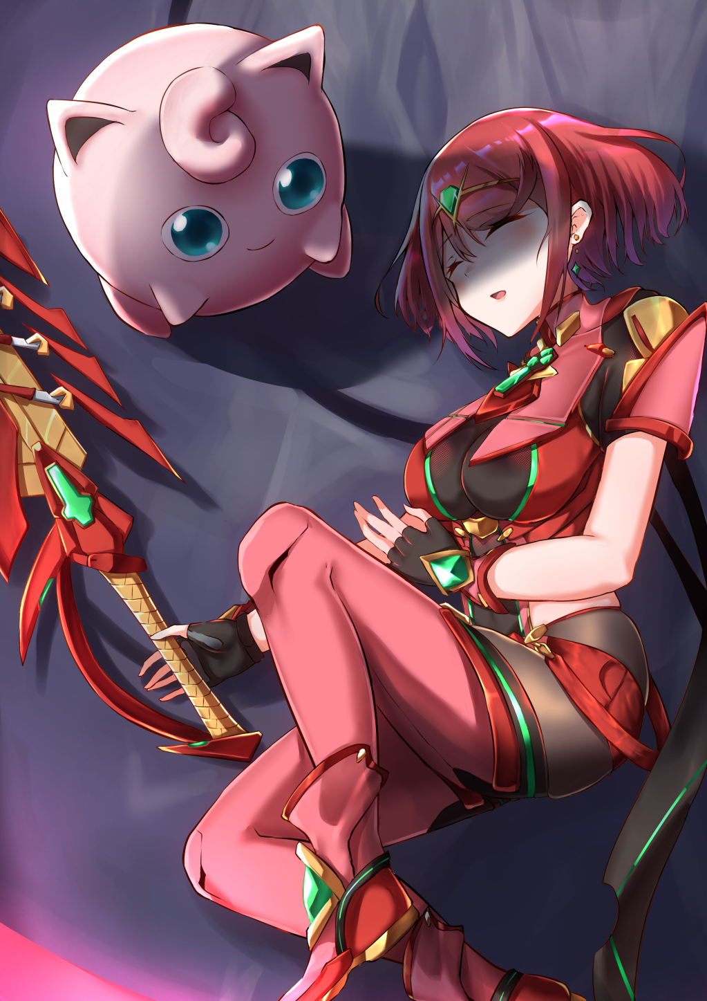 1girl aegis_sword_(xenoblade) animal_ears aqua_eyes armor ass_visible_through_thighs backless_outfit black_gloves bob_cut breasts cat_ears chest_jewel closed_eyes colored_skin core_crystal_(xenoblade) drop_earrings earrings fingerless_gloves gloves highres impossible_clothes jewelry jigglypuff large_breasts on_ground pantyhose pantyhose_under_shorts pink_skin pokemon pokemon_(creature) pyra_(xenoblade) red_shorts redhead short_hair short_sleeves shorts shoulder_armor siebolds_demon skindentation sleeping super_smash_bros. swept_bangs thigh-highs thighhighs_over_pantyhose tiara xenoblade_chronicles_(series) xenoblade_chronicles_2