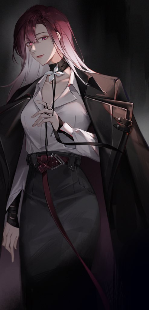 1girl belt black_background black_choker black_coat black_skirt chinese_commentary choker closed_mouth coat coat_on_shoulders collared_shirt commentary_request gemi_25 gradient_hair grey_background holding holding_string long_hair long_sleeves looking_at_viewer multicolored_hair open_clothes open_shirt path_to_nowhere pink_eyes pink_hair shalom_(path_to_nowhere) shirt shirt_tucked_in skirt solo string white_hair white_shirt