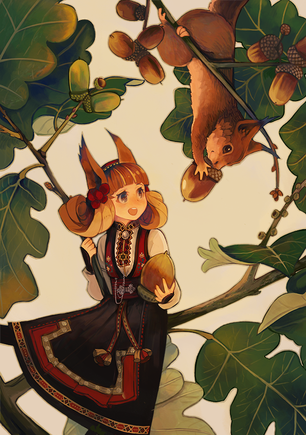 1girl acorn animal animal_ears dress feet_out_of_frame grey_eyes holding holding_acorn in_tree leaf light_brown_hair long_hair long_sleeves natsumika open_mouth original outdoors plant sitting sitting_on_branch solo squirrel tree