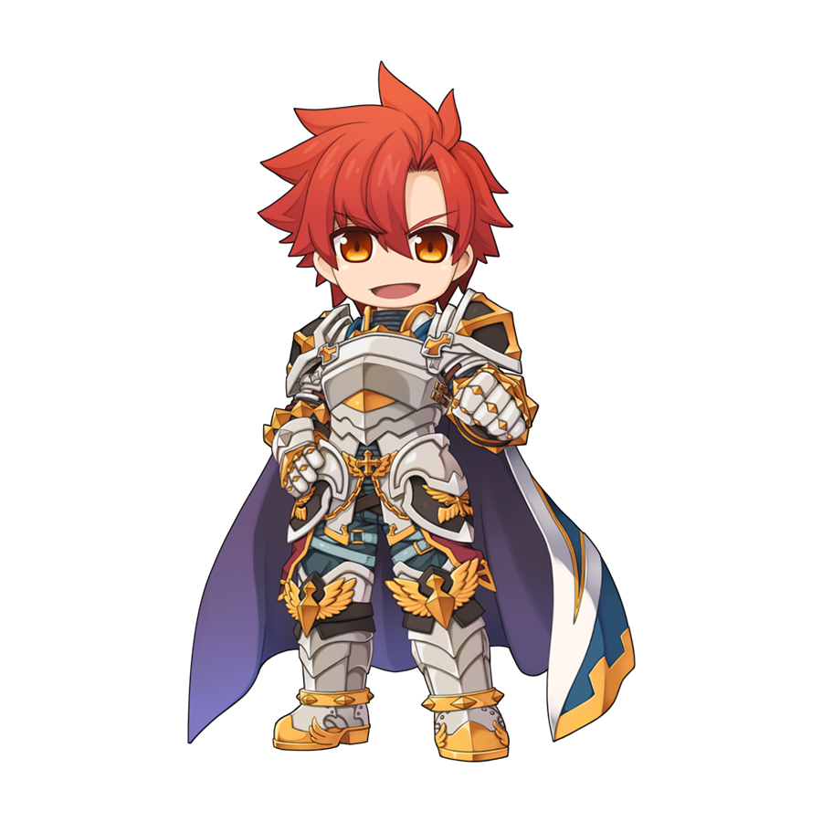 1boy armor armored_boots blue_cape boots breastplate cape chibi clenched_hand cross faulds full_body gauntlets hair_between_eyes hand_on_own_hip imperial_guard_(ragnarok_online) leg_armor looking_at_viewer male_focus medium_bangs official_art open_mouth orange_eyes parted_bangs pauldrons purple_cape ragnarok_online redhead short_hair shoulder_armor simple_background smile solo standing tachi-e transparent_background two-sided_cape two-sided_fabric v-shaped_eyebrows yuichirou
