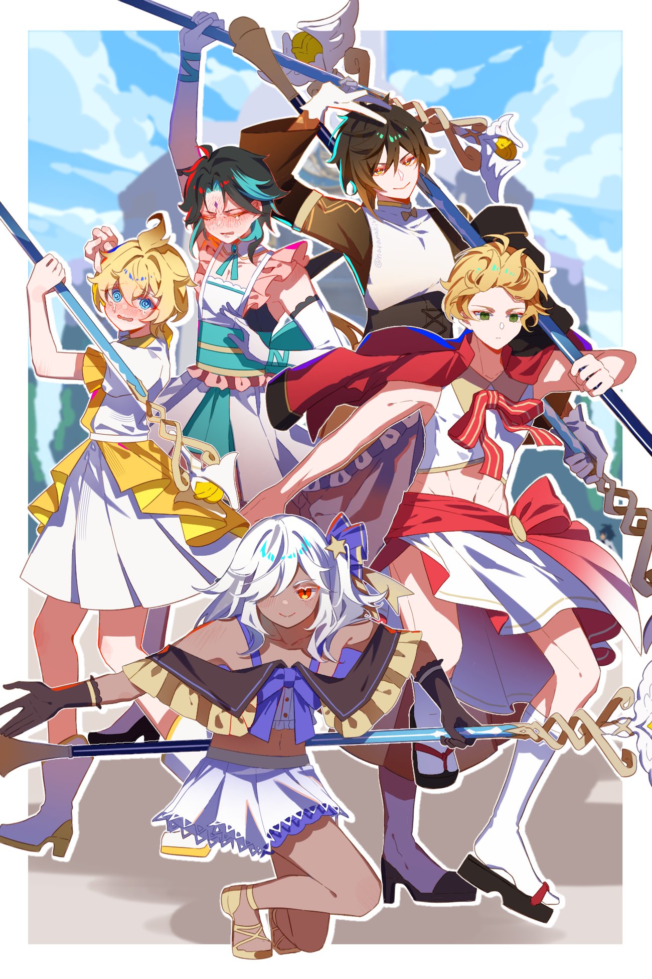 5boys @_@ alternate_costume alternate_hairstyle arm_up blonde_hair blue_eyes blush boots border brown_hair closed_eyes closed_mouth crossdressing cyno_(genshin_impact) dark-skinned_male dark_skin dialogues_of_the_desert_sages_(genshin_impact) double-parted_bangs elbow_gloves embarrassed full_body genshin_impact gloves green_eyes green_hair hair_between_eyes hair_over_one_eye highres holding holding_wand holding_weapon jacket jacket_on_shoulders long_hair long_sleeves looking_at_viewer mage_staff magical_girl male_focus midriff mika_(genshin_impact) multicolored_hair multiple_boys nara_nakiri navel nose_blush on_one_knee outside_border outstretched_arm parted_lips ponytail red_eyes shoes short_hair skirt sleeveless smile socks standing stomach tearing_up thoma_(genshin_impact) toned toned_male two-tone_hair wand weapon white_border white_hair xiao_(genshin_impact) zhongli_(genshin_impact)