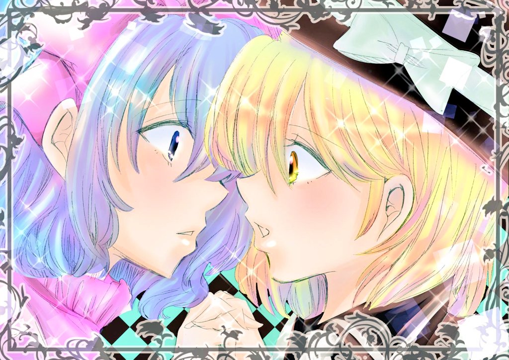 2girls black_hat black_vest blonde_hair blue_eyes blue_hair bow commentary_request dress hair_bow hat hat_bow holding_hands implied_yuri looking_at_another mai_(touhou) multiple_girls parted_lips pink_bow pink_dress shizuku_hky sparkle touhou traditional_media upper_body vest white_bow yellow_eyes yuki_(touhou)