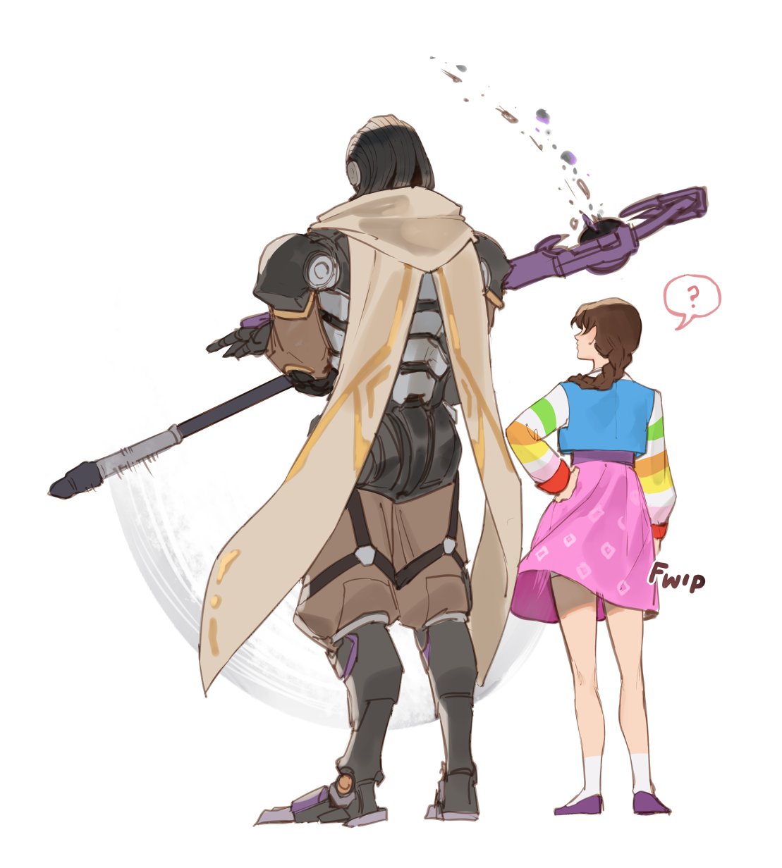 1boy 1girl ? adjusting_another's_clothes ankle_socks blue_jeogori braid brown_hair brown_pants brown_scarf d.va_(overwatch) flats from_behind full_body highres holding holding_staff holding_weapon humanoid_robot multicolored_jeogori official_alternate_costume overwatch overwatch_2 palanquin_d.va pants pink_skirt purple_footwear ramattra_(overwatch) robot scarf simple_background single_braid skirt socks spoken_question_mark staff standing velinxi weapon white_background white_socks wind