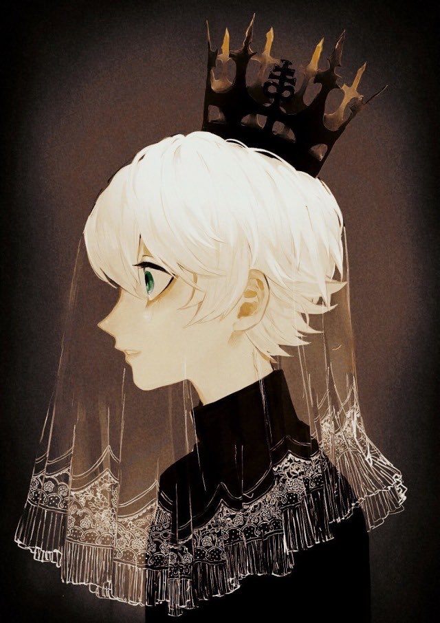 1boy blue_eyes brown_background commentary_request crown from_side looking_to_the_side male_focus minai_mosa original parted_lips portrait short_hair simple_background turtleneck veil white_hair