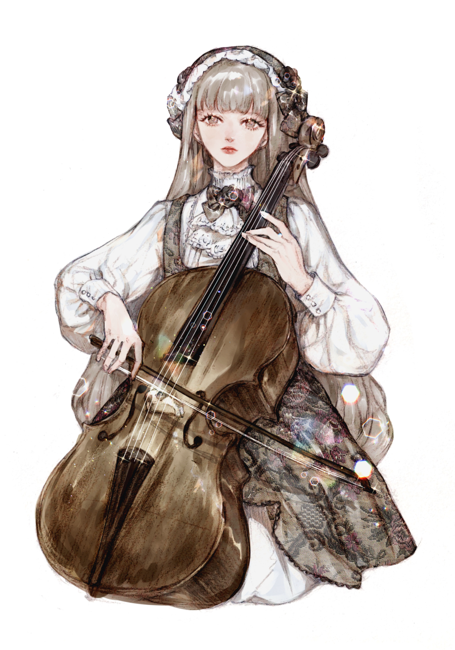 1girl blunt_bangs bow bow_(music) brown_eyes cello cropped_legs dress grey_hair hairband highres holding holding_instrument instrument long_hair long_sleeves looking_at_viewer music original playing_instrument puffy_long_sleeves puffy_sleeves saelah_andlus simple_background solo sparkle very_long_hair violin white_background