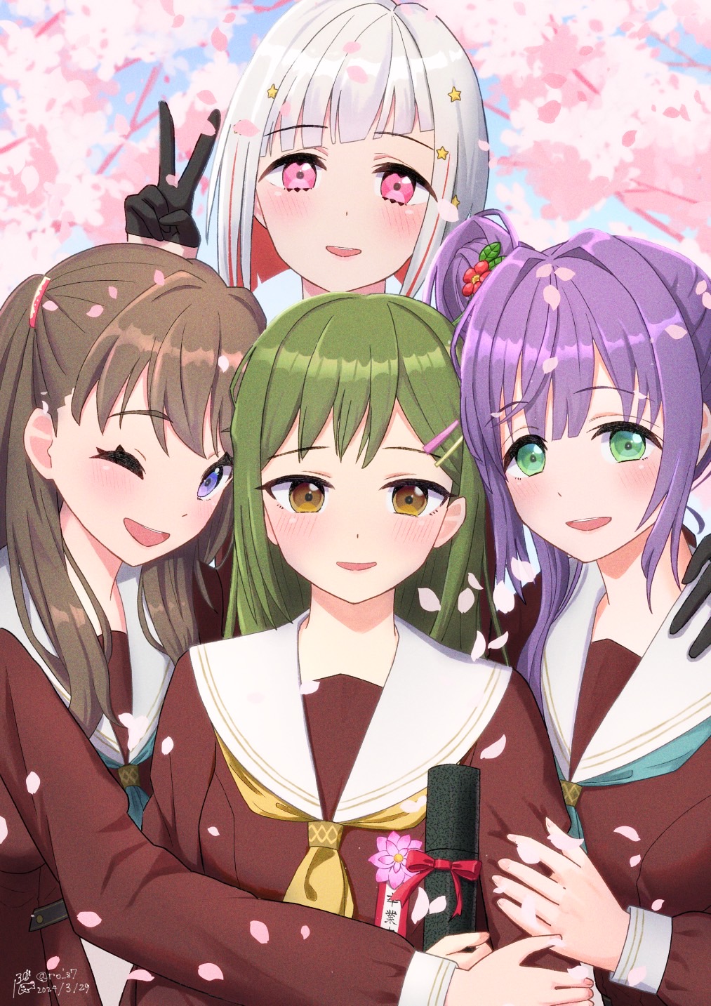 4girls :d ;d aqua_neckerchief behind_another black_gloves bob_cut brown_dress brown_eyes brown_hair cherry_blossoms colored_inner_hair dated diagonal_bangs dress falling_petals film_grain flower flower_pin fujishima_megumi gloves graduation green_eyes group_picture hair_bun hair_flower hair_ornament half_gloves hampem7 hand_on_another's_arm hand_on_another's_shoulder hasu_no_sora_school_uniform highres holding hug inverted_bob link!_like!_love_live! lone_nape_hair long_hair long_sleeves looking_at_viewer love_live! multicolored_hair multiple_girls neckerchief one_eye_closed oogami_sachi open_mouth otomune_kozue petals pink_flower pink_petals purple_hair red_eyes red_flower redhead sailor_collar sailor_dress school_uniform short_hair side_ponytail sidelocks signature single_side_bun smile star_(symbol) star_hair_ornament streaked_hair swept_bangs teeth tube twitter_username two_side_up upper_body upper_teeth_only v violet_eyes virtual_youtuber white_hair white_sailor_collar winter_uniform yellow_neckerchief yugiri_tsuzuri