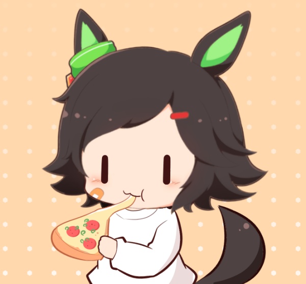 1girl :t animal_ears bandaid bandaid_on_cheek bandaid_on_face black_hair blush_stickers brown_background cheese_trail chibi closed_mouth eating food gomashio_(goma_feet) gradient_background hair_ornament hairclip holding holding_food horse_ears horse_girl horse_tail long_sleeves pizza pizza_slice shirt solo swept_bangs tail umamusume wavy_mouth white_shirt winning_ticket_(umamusume)