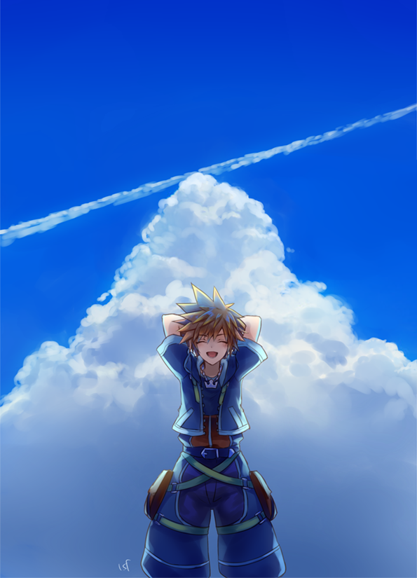 1boy arms_behind_head belt black_belt black_jacket black_pants blue_sky brown_hair cargo_pants chain_necklace closed_eyes clouds contrail day happy jacket jewelry kingdom_hearts kingdom_hearts_ii male_focus necklace open_clothes open_jacket open_mouth outdoors pants pendant puffy_pants sasanomesi short_hair signature sky smile solo sora_(kingdom_hearts) spiky_hair upper_body