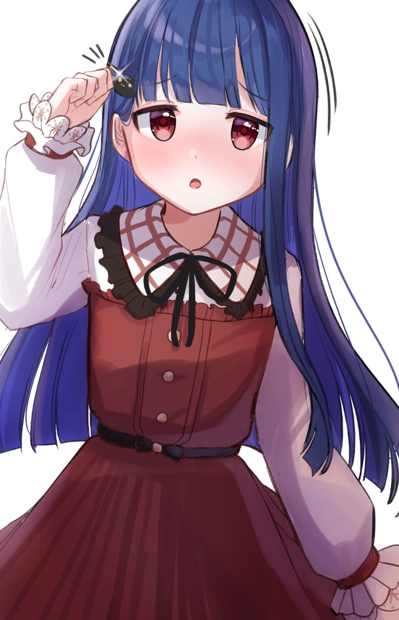 1girl black_ribbon blue_hair blunt_bangs blush dot_nose dress flat_chest fuguiiii glint hair_ornament hairclip hand_up highres idolmaster idolmaster_cinderella_girls idolmaster_cinderella_girls_starlight_stage long_hair long_sleeves looking_at_viewer motion_lines neck_ribbon open_mouth red_dress red_eyes ribbon sajo_yukimi shy simple_background solo upper_body white_background